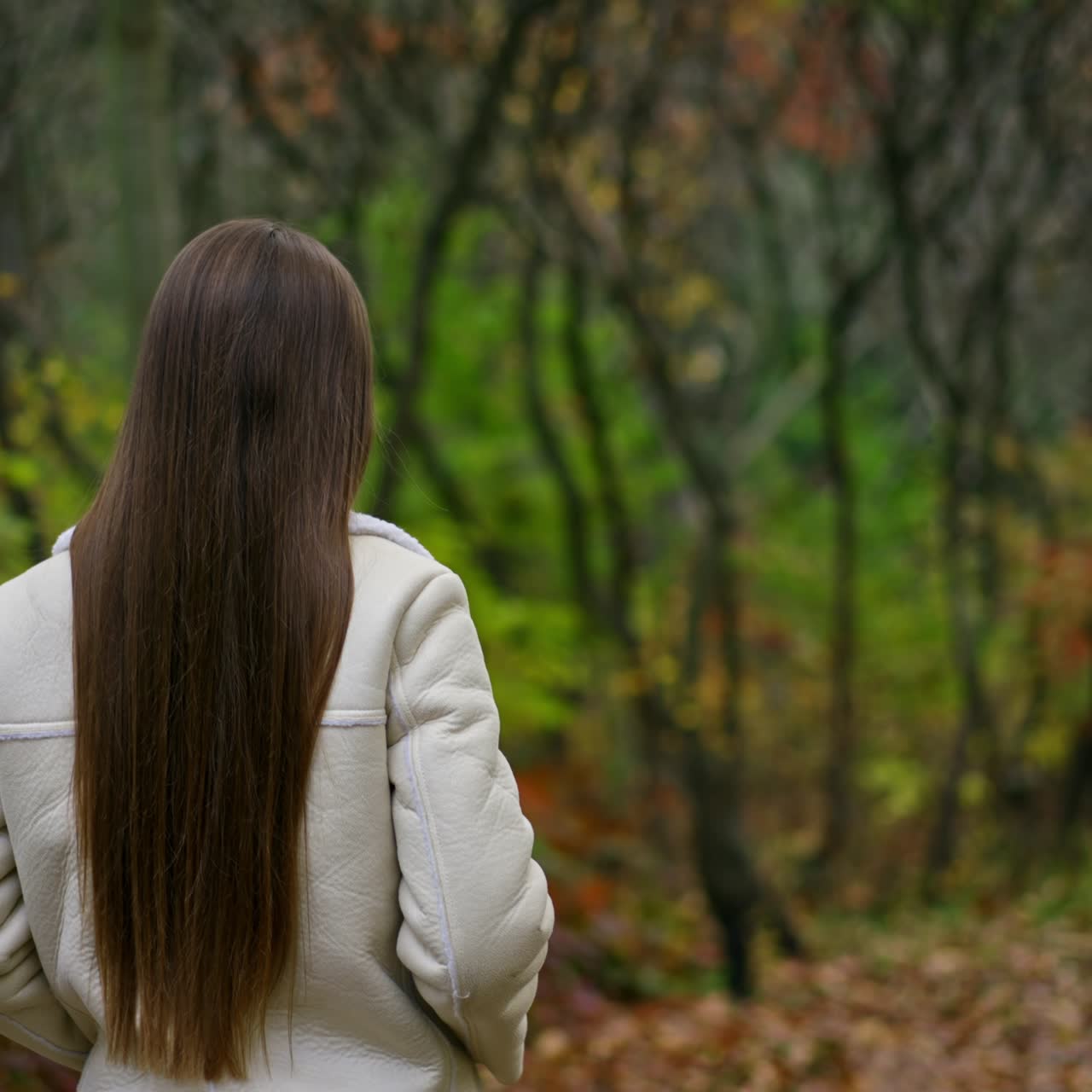 Following the lady with beautiful long dark hair walking in the park. Woman turns her head smiling to the camera. Autumn nature backdrop
