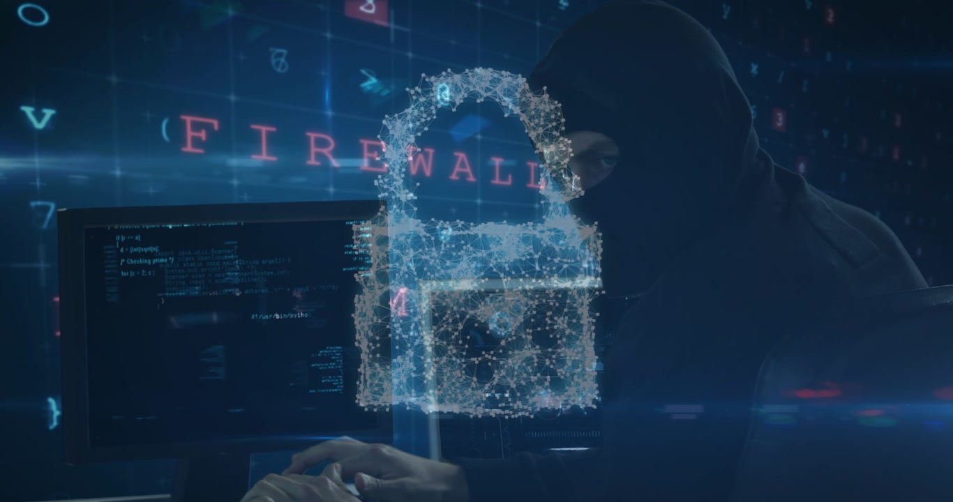 Animation of cyber attack warning text, online security padlock and hacker