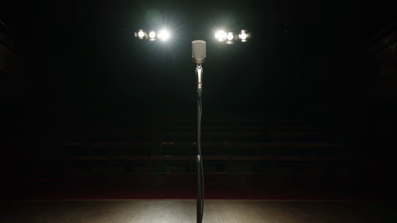 Spotlit Microphone Center Stage, Empty Solo Microphone Stands Under Bright Theater Lights On Wooden Floor,