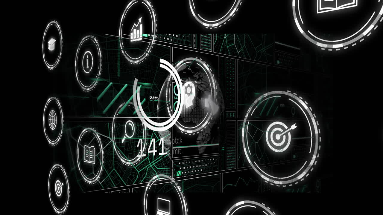 Digital animation with data icons and graphs on abstract green network background
