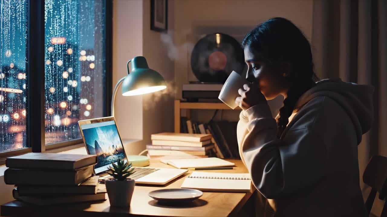 Cozy study scene, side angle. Rainy night, warm lighting. Ideal for a study video