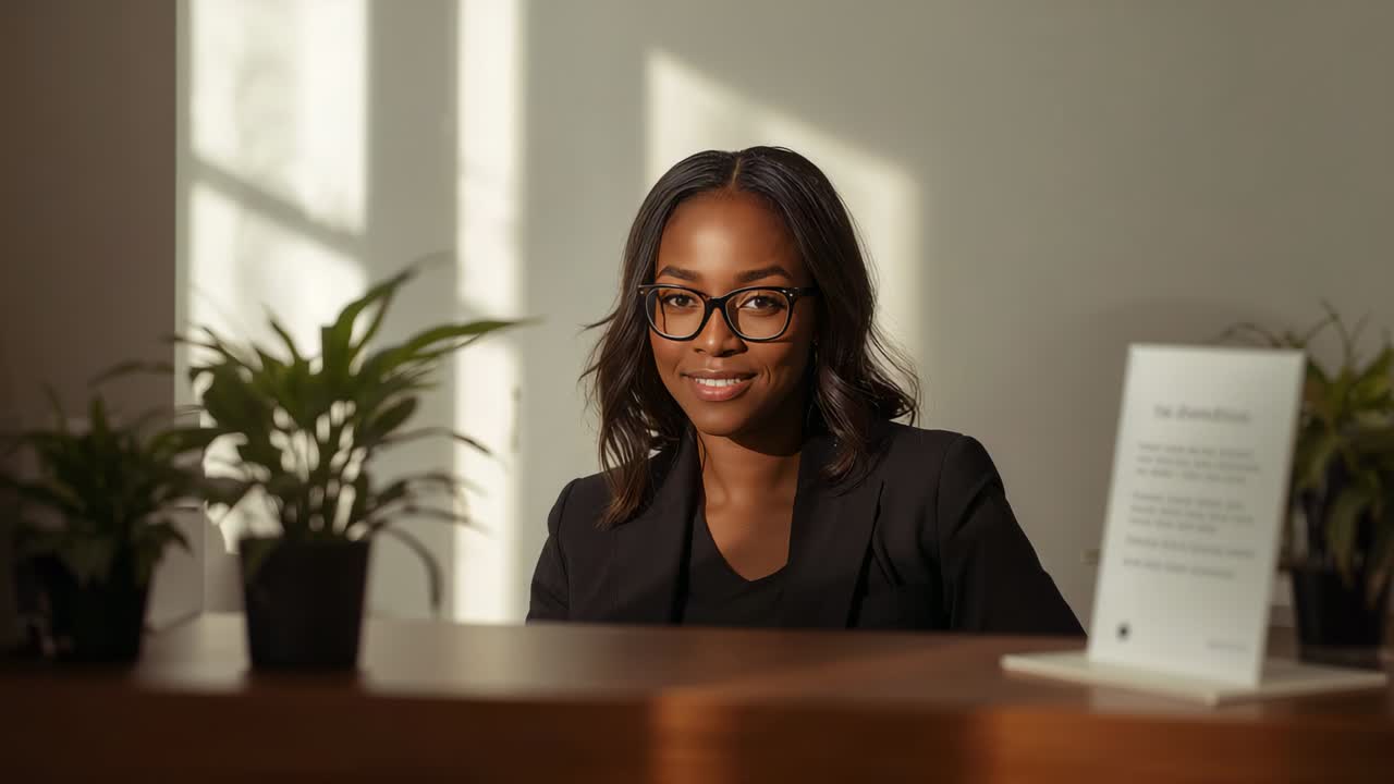 Smiling receptionist in blazer and glasses reacting to offscreen greeting at counter, with placard