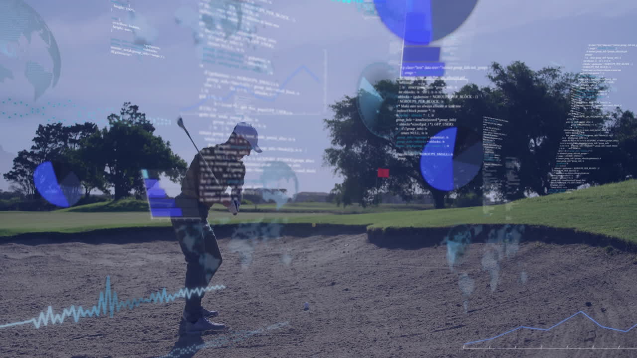 Golfer preparing swing in sand trap with data processing animation overlay
