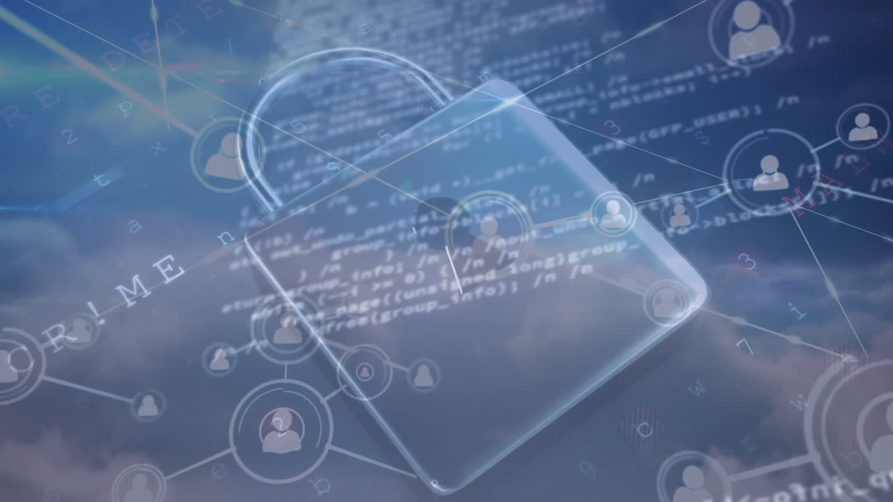 animación del candado de seguridad en línea, redes de conexiones a través de nubes