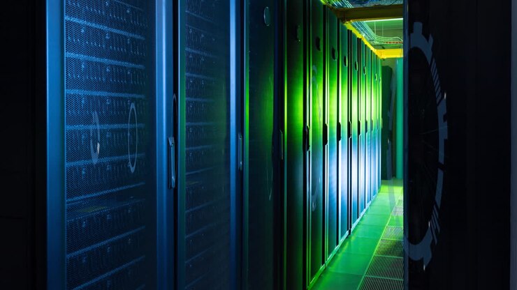 Animation of moving circles forming tunnel over illuminated server room in background