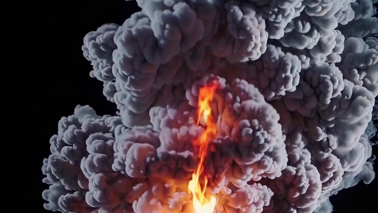 Dense Gray Smoke Rising From Bright Orange Flames Against Black Background