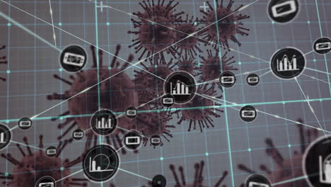 Animation of network of connections over covid cells on white background