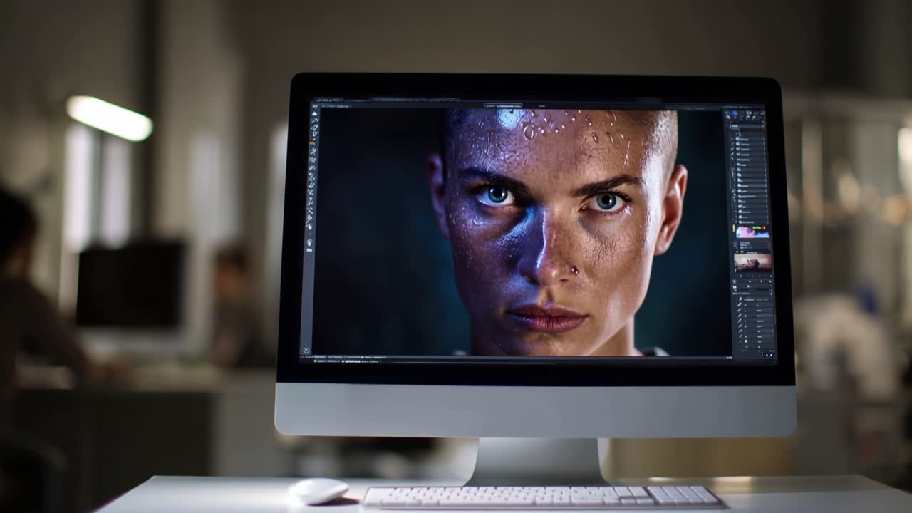 Flickering screen shows intense human gaze. Face glistens with sweat or liquid droplets. Focus is sharp, eyes locked on viewer. Dramatic lighting highlights facial expression