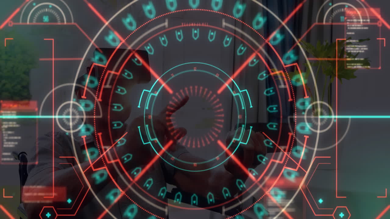 procesamiento de datos y escaneo de alcance sobre el hombre gestando mientras usa auriculares vr en casa