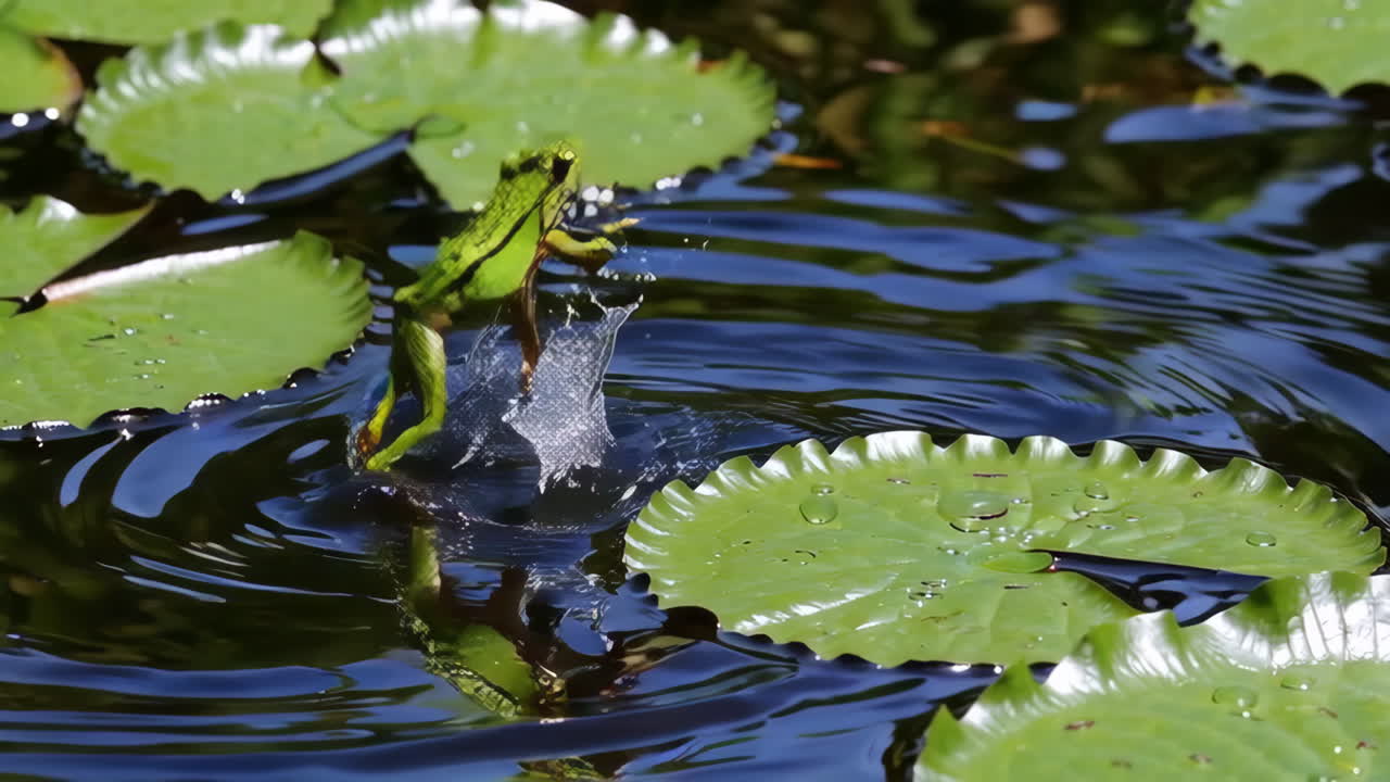 Frogs and Insects on Lily Pads in a Pond