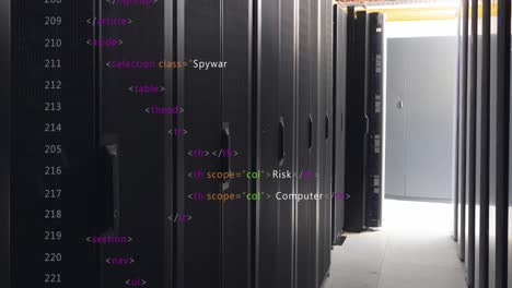 animación del procesamiento de datos frente a una sala de servidores de computadora vacía