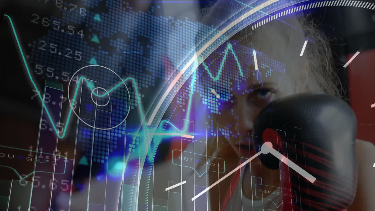 Woman boxer punching at camera, showcasing sports analytics overlays with charts and map grid
