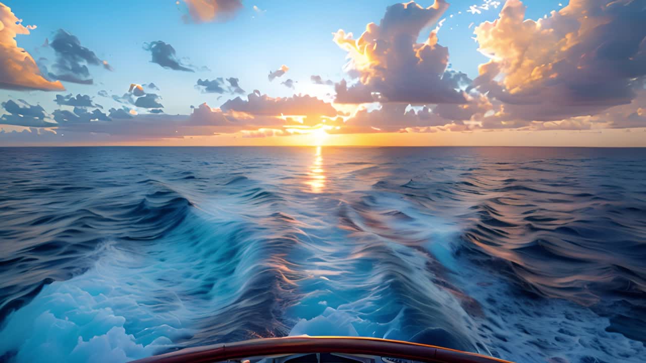 Sunset Over the Ocean from a Boat's Wake