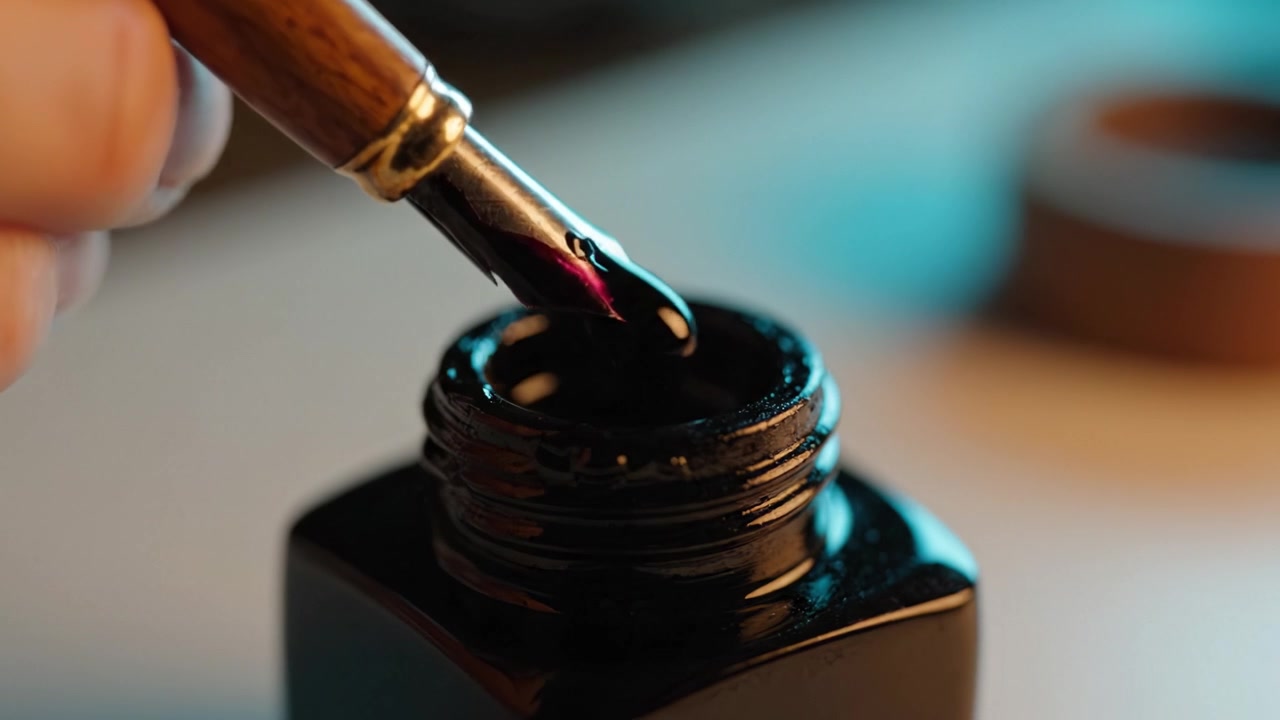 A Close-Up View of a Fountain Pen Nib Dipped in Ink from a Bottle, Showcasing the Vibrant Ink Droplet Ready for Writing on Paper Background.