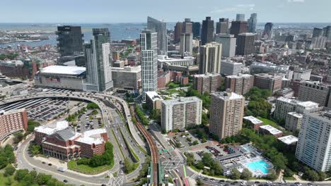 Drone-shot-of-Boston,-MA-on-a-warm-summer-day