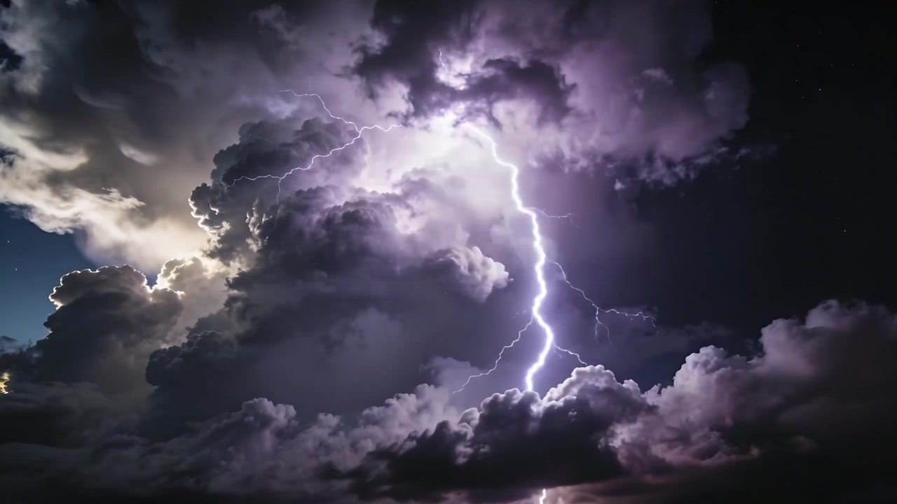 Scarica superiore lampeggiante che crea fulmini frastagliati attraverso una nuvola temporalesca di notte, illuminando le nubi mammatus.