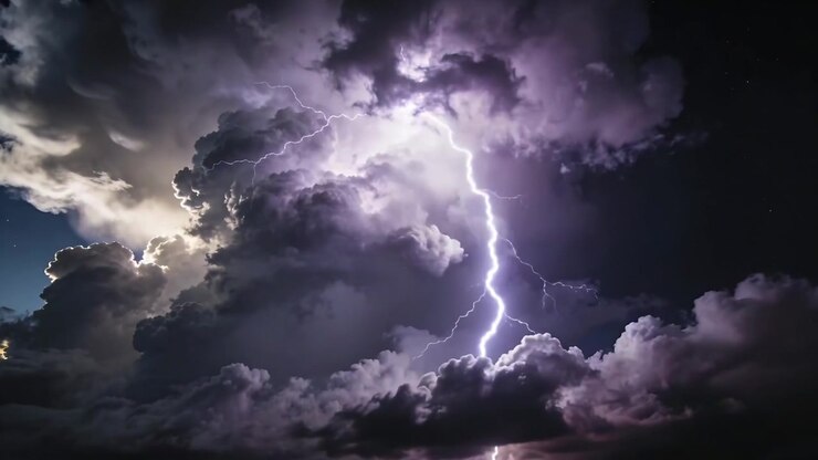 Scarica superiore lampeggiante che crea fulmini frastagliati attraverso una nuvola temporalesca di notte, illuminando le nubi mammatus.