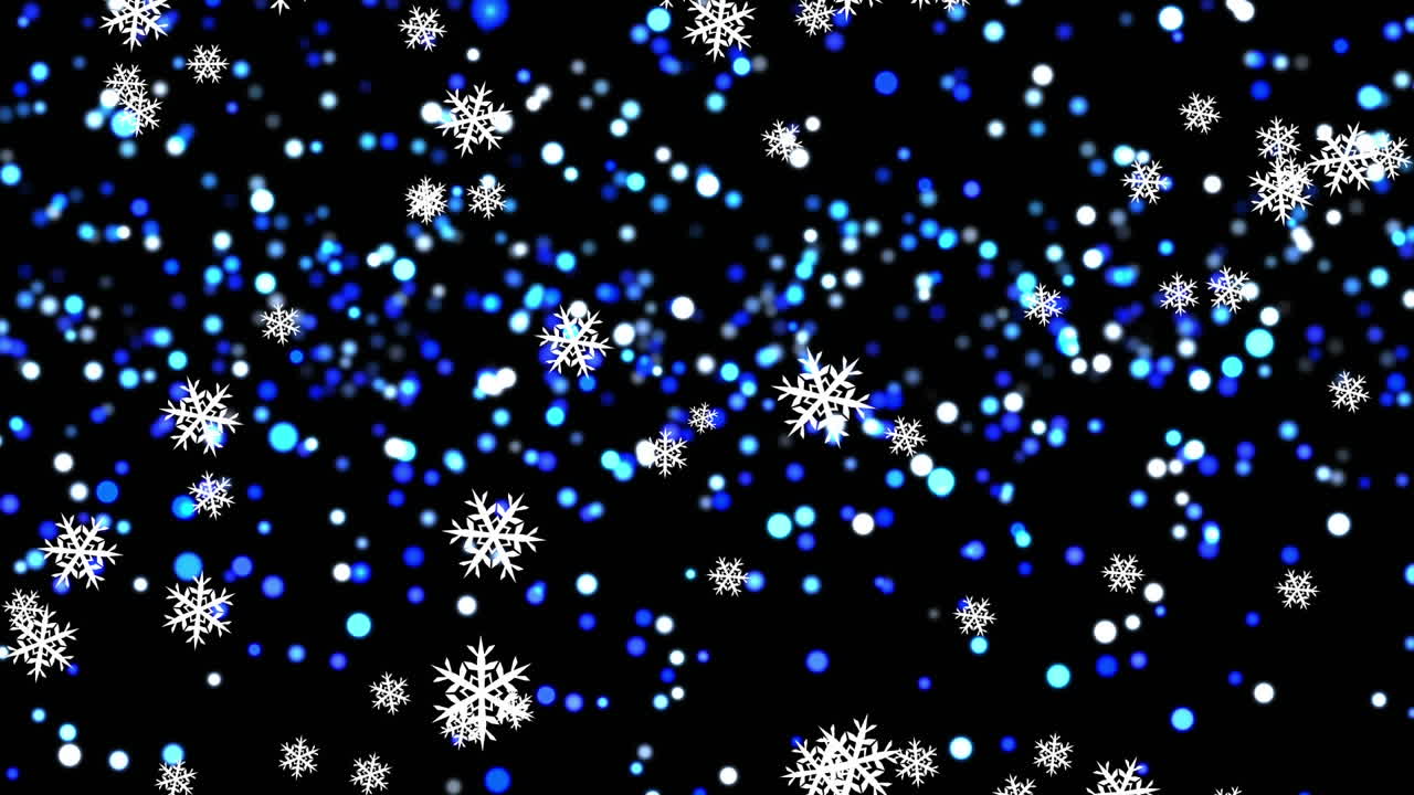 Animation of snowflakes falling with blue spots on black background