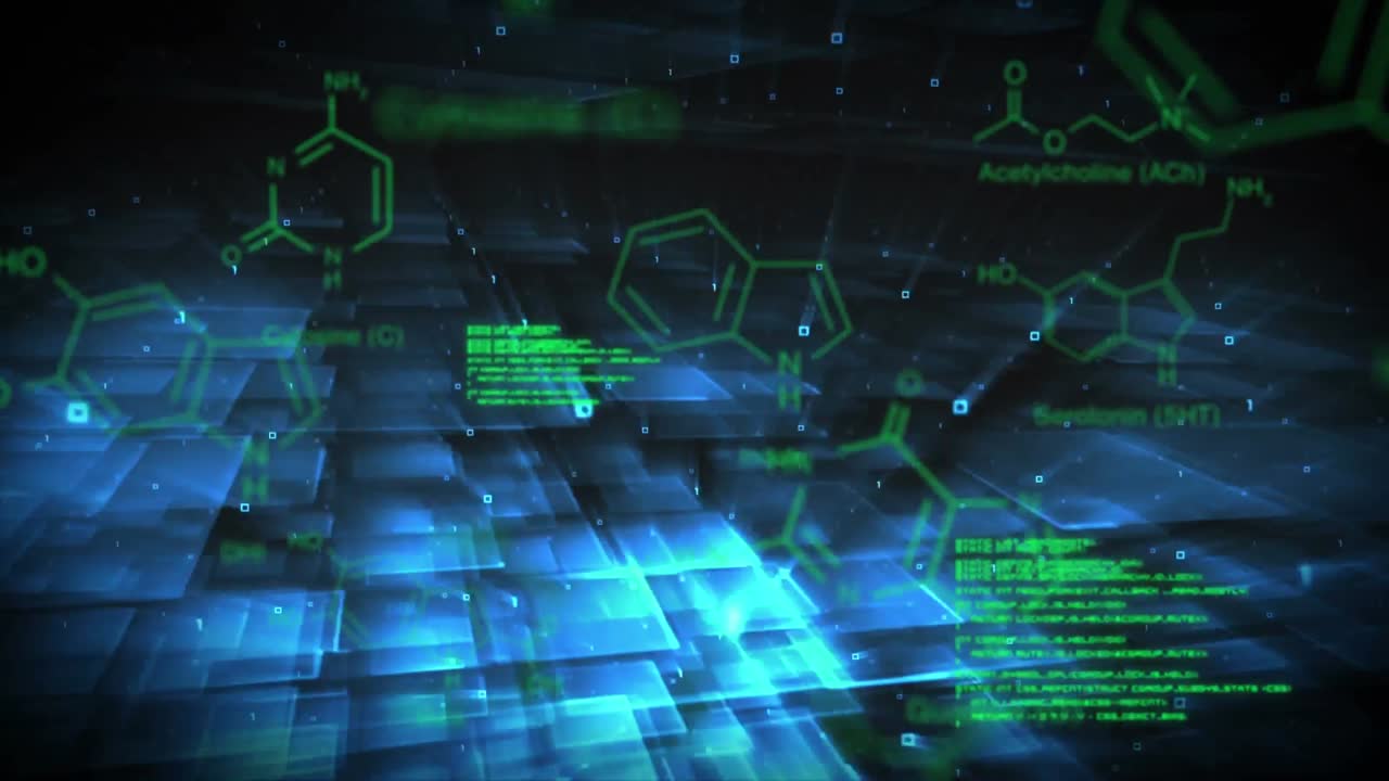 Text and digital data are displayed on blue background