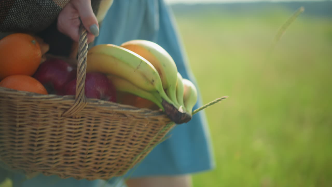 una mujer con una túnica azul lleva una canasta de frutas frescas, incluidos plátanos, naranjas y manzanas, en un campo iluminado por el sol, con un niño débilmente visible en el fondo