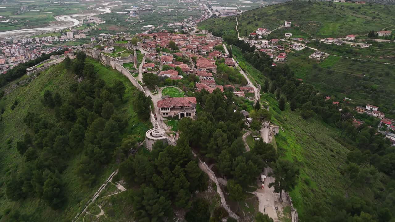 Scenic aerial view of Berat's historic hillside homes in Albania
