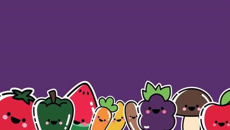 animation of happy vegetables icons on purple background