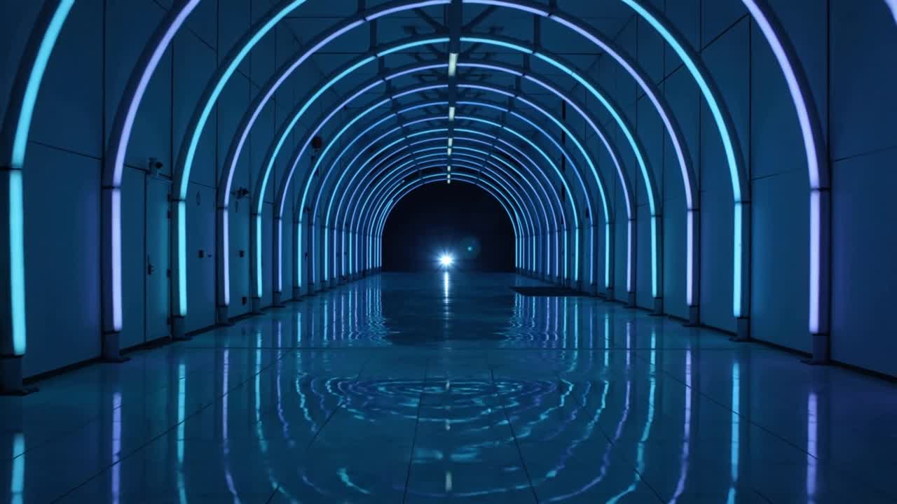 Operatore che attiva i doppi fari, muovendosi lungo un tunnel ad arco a LED per l'architettura, con il pavimento increspato.