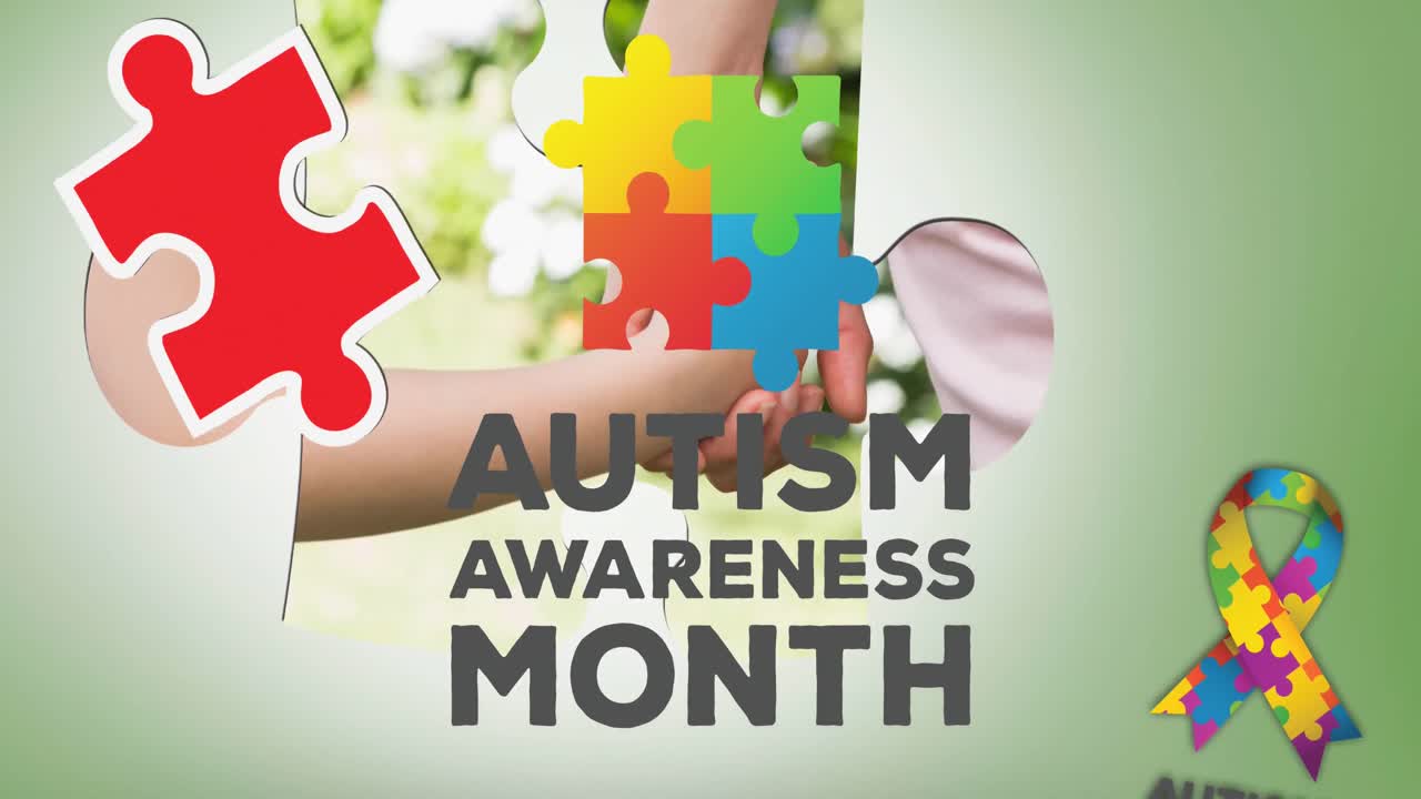 Animazione del testo del mese della consapevolezza sull'autismo con puzzle che cadono su madre e figlio che si tengono per mano