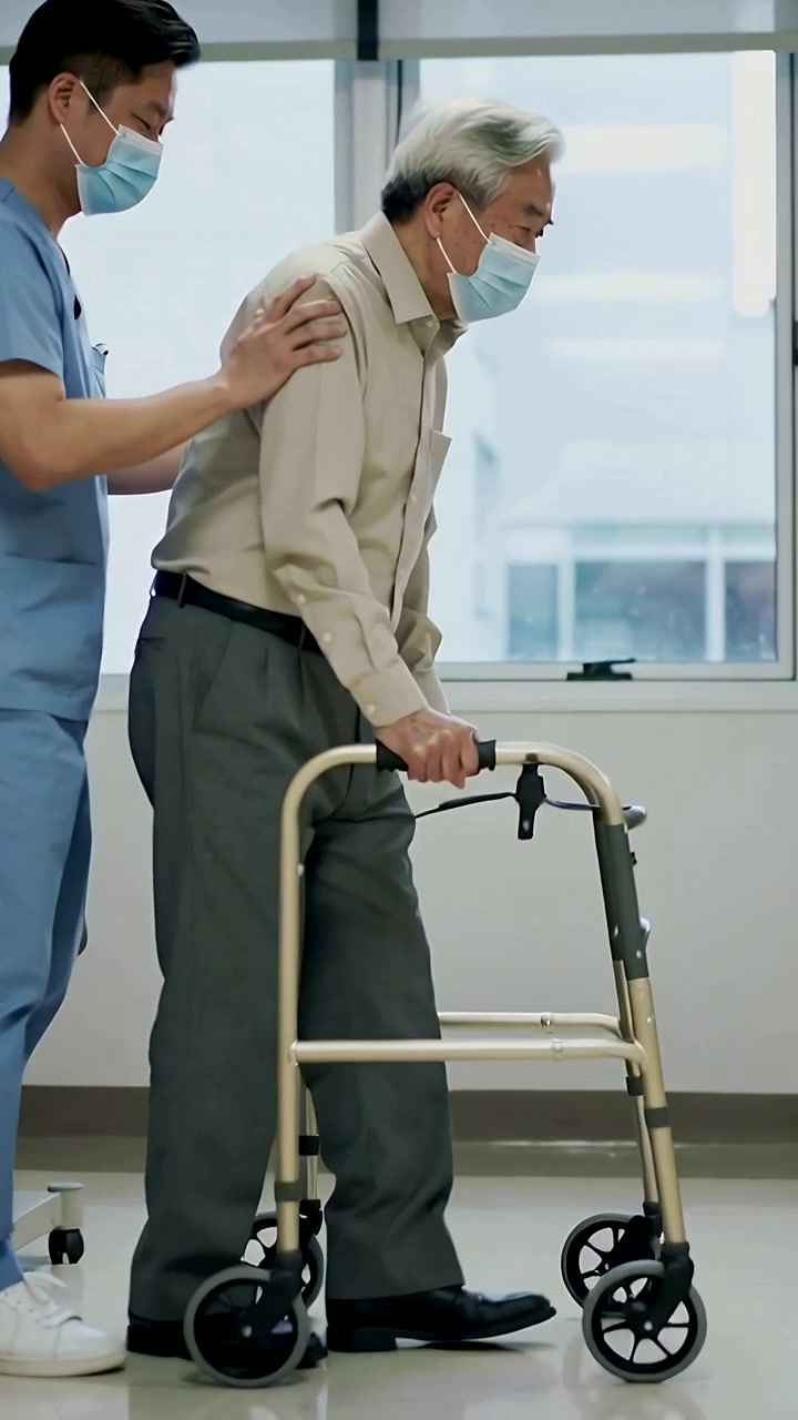 Vertikal video: Omsorgsperson som støtter en eldre person med hendene mens vedkommende reiser seg fra en benk for terapi med rullator.