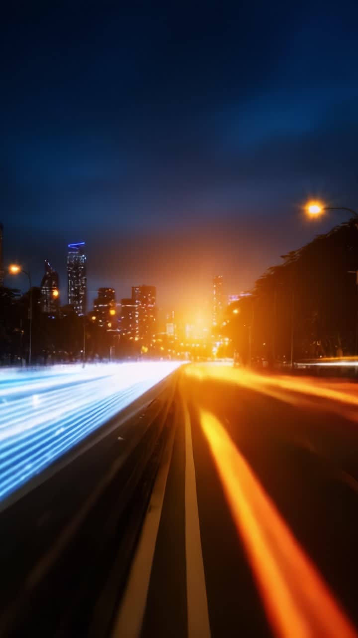Una vivace scena notturna che cattura l'energia dinamica delle luci della città e il movimento del traffico su una strada urbana trafficata con grattacieli sullo sfondo