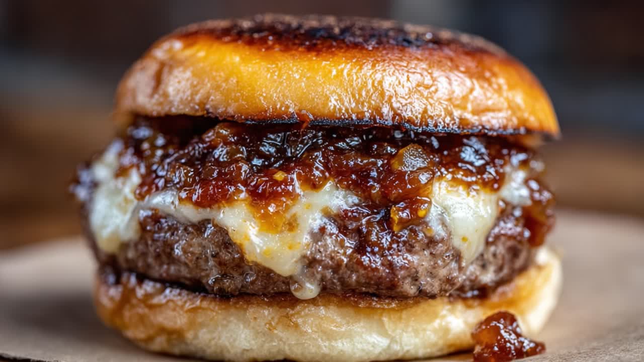 Mouthwatering Gourmet Burger with Melted Cheese and Sweet Onion Jam on Toasted Brioche Bun - A Perfect Dynamic Duo Captured from First to Last Frame