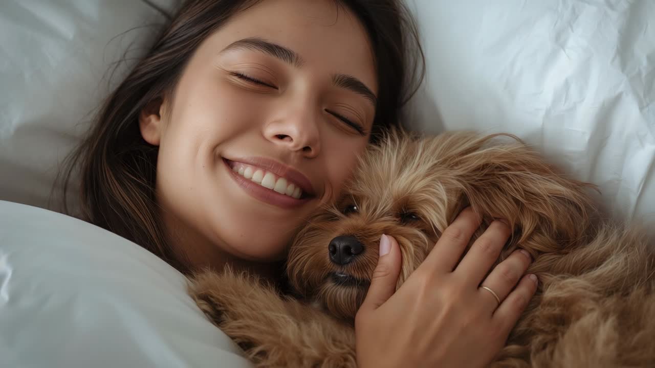 Donna che culla un cane soffice tenendolo in braccio a letto, con piumone bianco e luce soffusa che lo sveglia