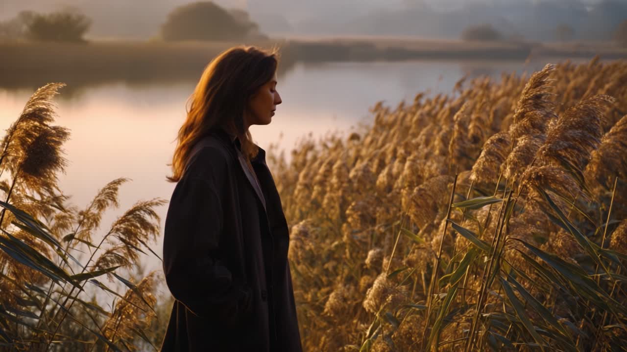 A Serene Moment: A Woman Contemplating Nature by the Tranquil Riverbank Amidst Golden Reeds During a Calm Sunrise, Embracing the Beauty of the Morning