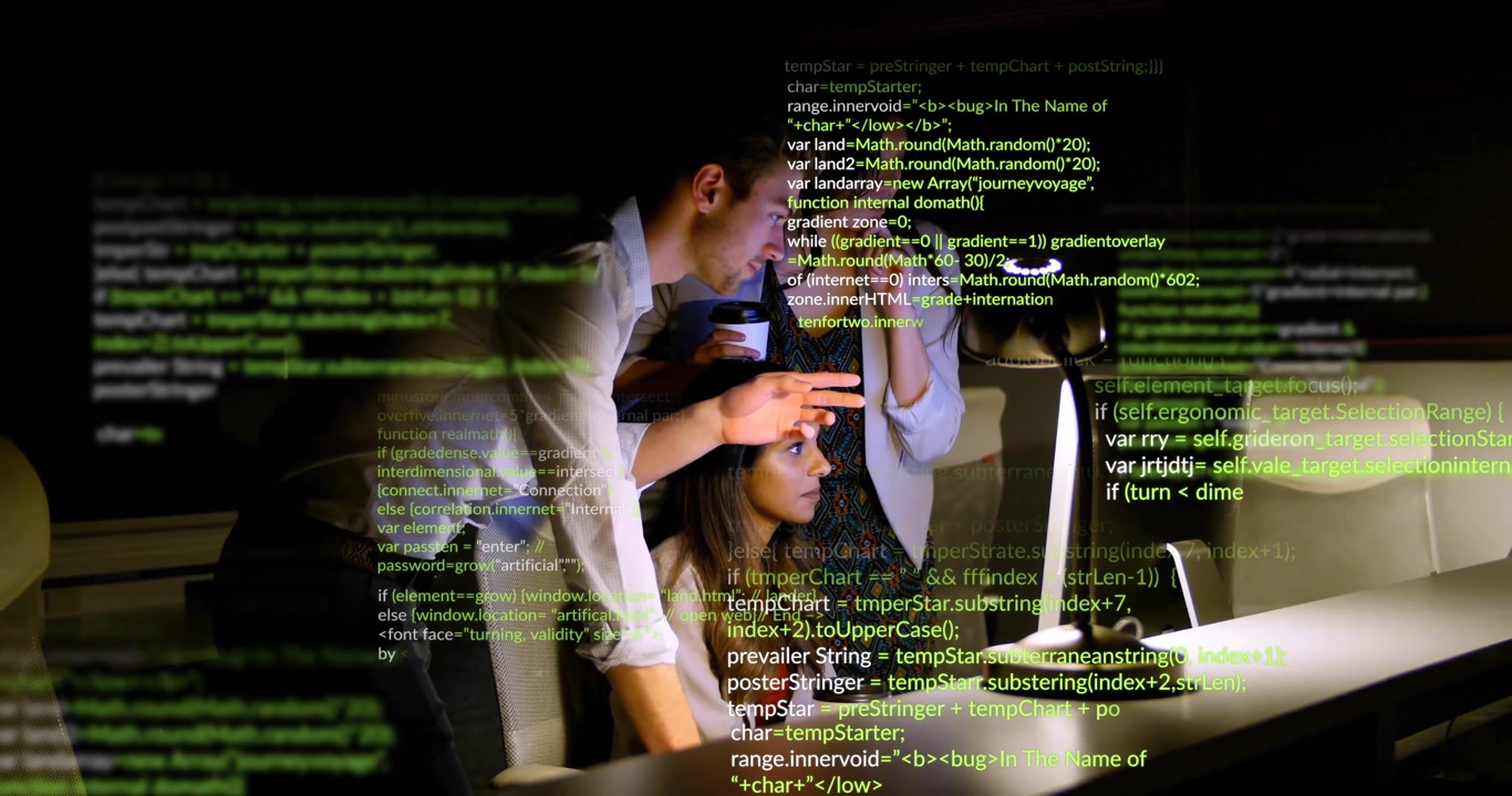 Seated developer starting code edits typing team pointing at animated code highlights for debugging