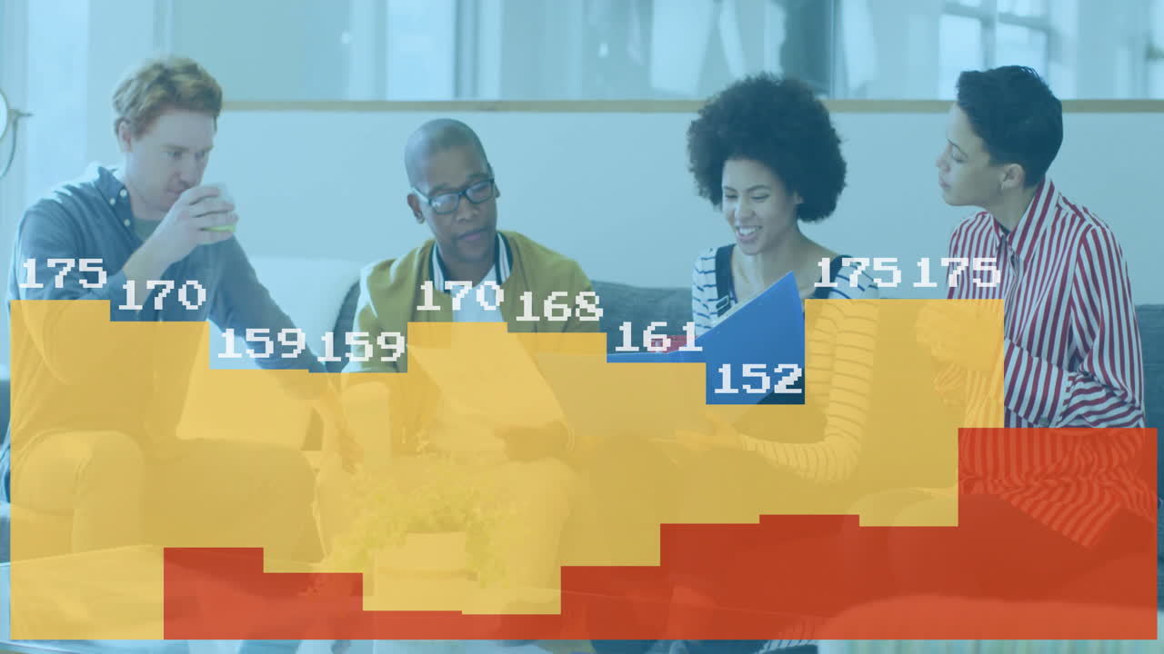 Business team sitting on couch collaborating in office lounge, showing floating colored data bars