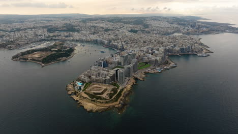 Aerial-view-around-the-Tigne-Point-modern-residential-and-shopping-area,-in-Sliema,-Malta