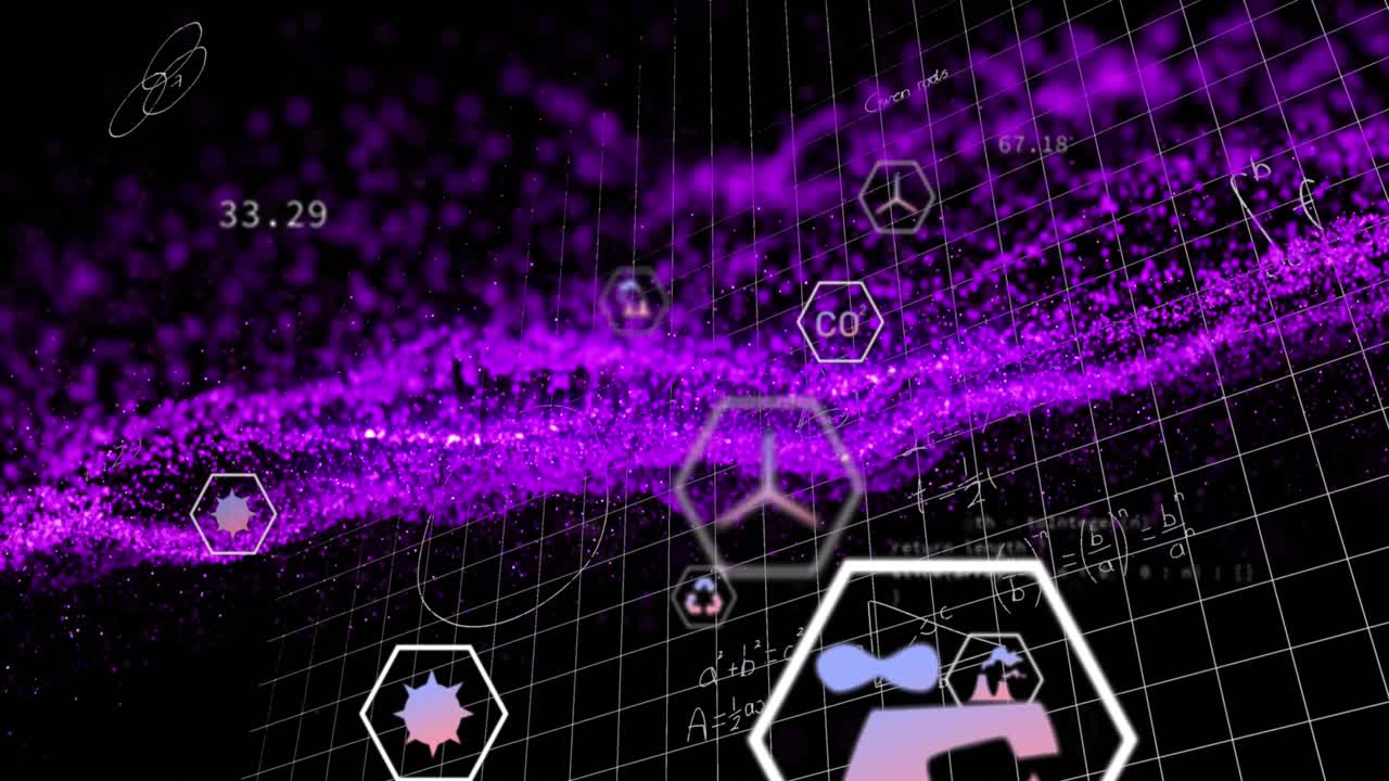 Animation of mathematical equations over icon in hexagons and dynamic wave on black background