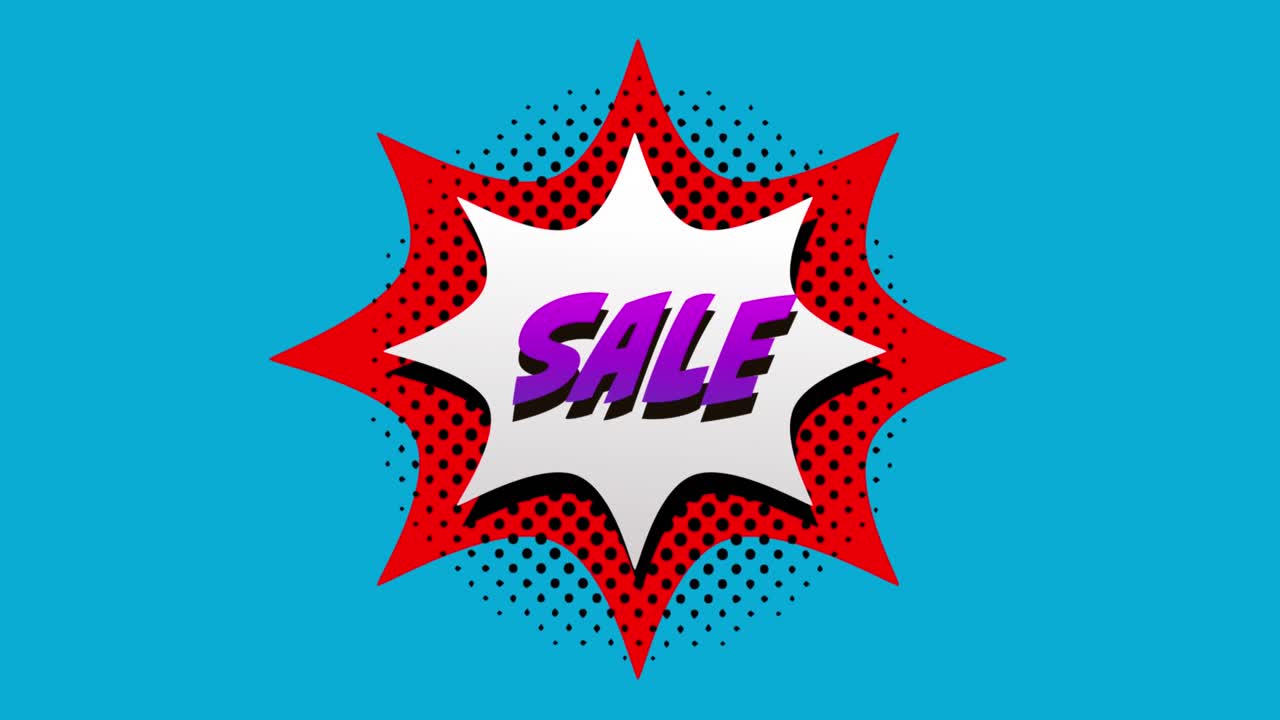 animación del texto de venta sobre patrón vibrante retro y burbuja de habla