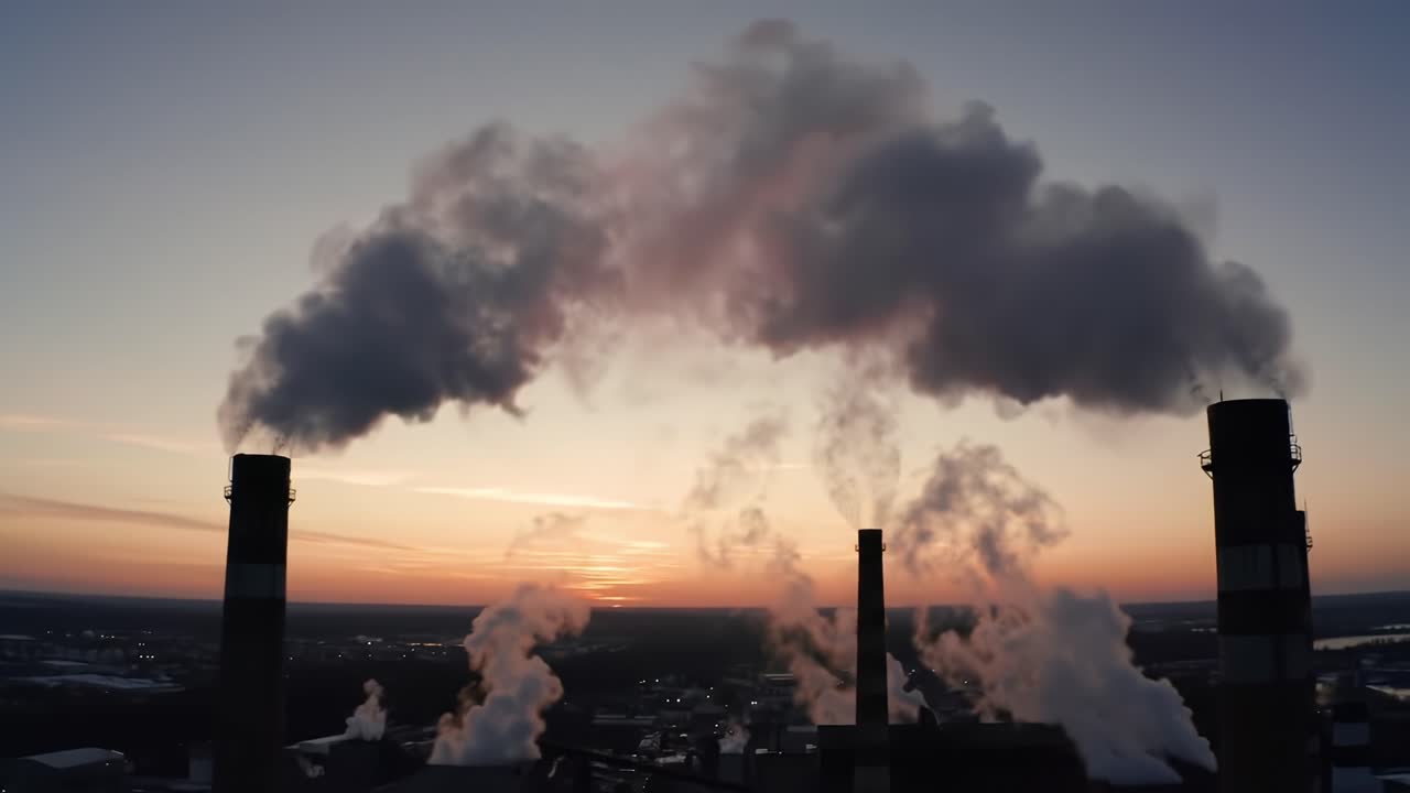 Dramatic Industrial Sunset: Emissions and Smokestacks Against the Dimming Sky Captured During Golden Hour, Showcasing the Interplay of Nature and Industry