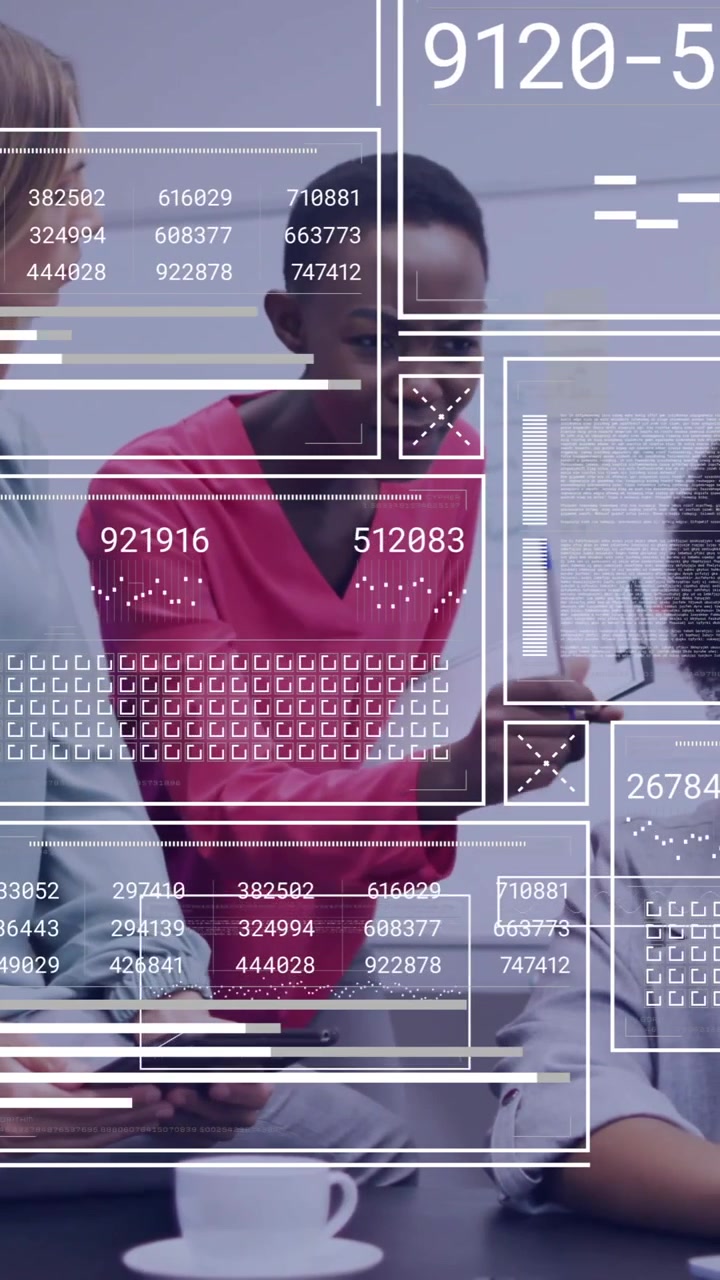 Animation of financial data processing over diverse business people working together