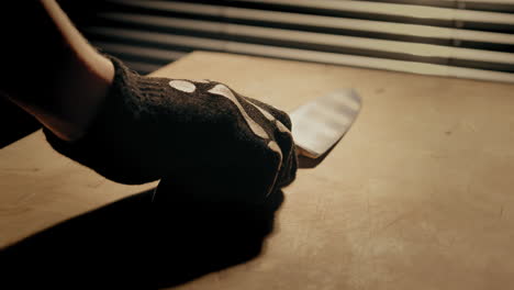 person with black skeleton halloween gloves pulls a clean butcher-knife from a table