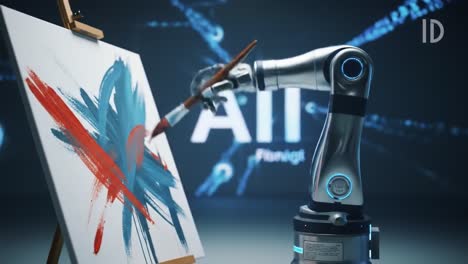 A robotic arm skillfully creates abstract art on a canvas, showcasing its ability to blend colors and apply paint with precision.