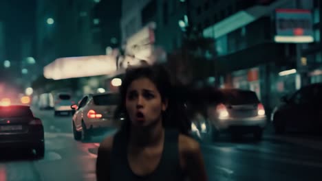 determined young woman runs through a busy city street at night, surrounded by bright lights and bustling urban life, creating a dramatic atmosphere