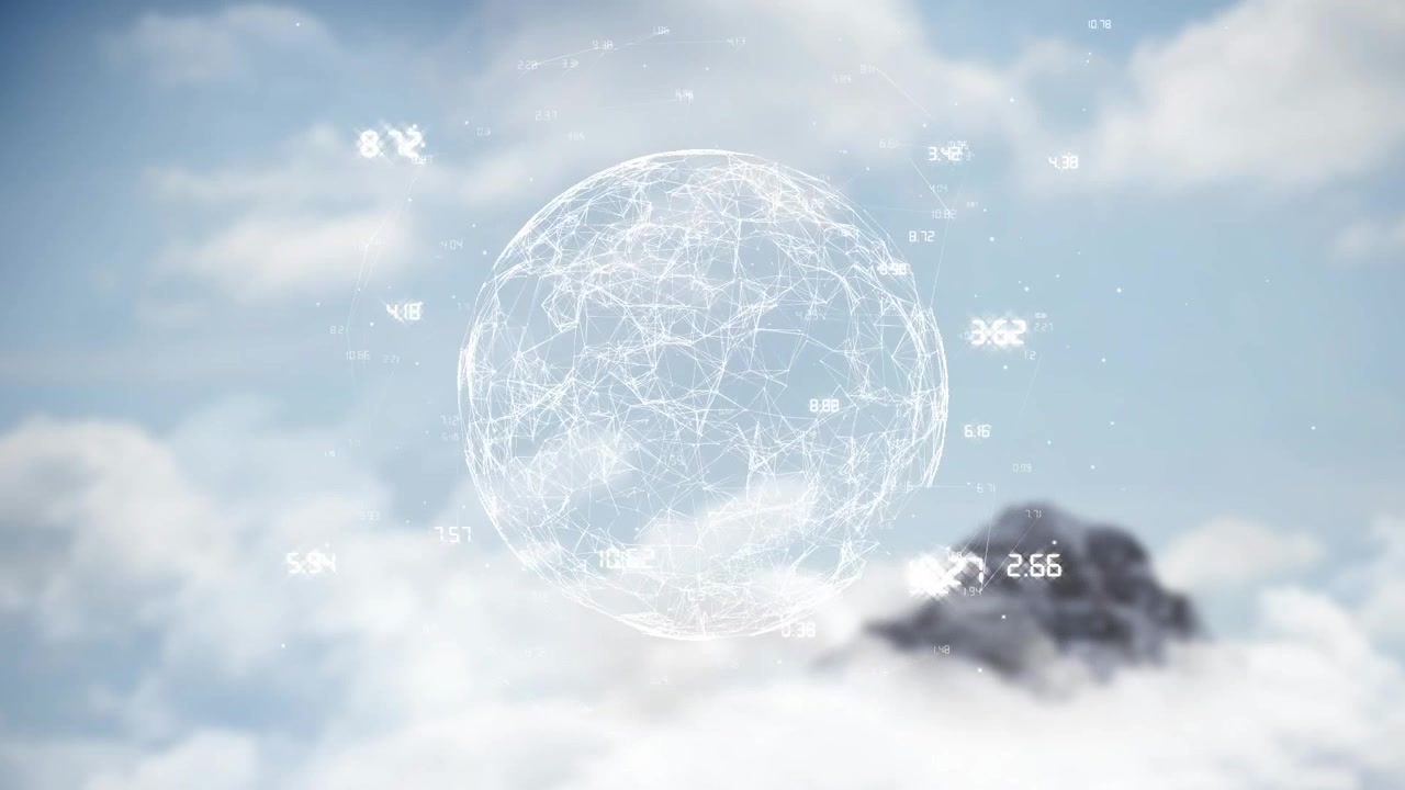 mountain peak pausing revealing network sphere forming lit lines drifting numbers showing analytics