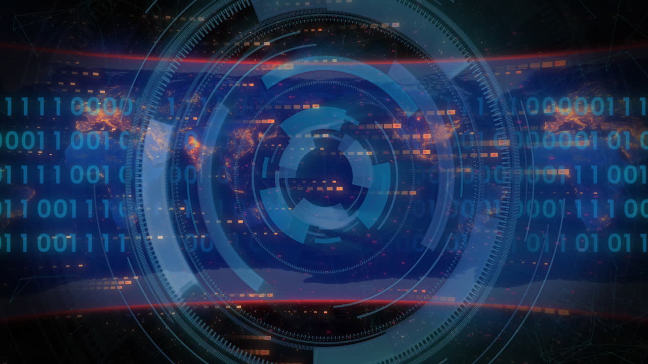 animación del escaneo del alcance y el procesamiento de datos sobre el mapa del mundo sobre fondo negro