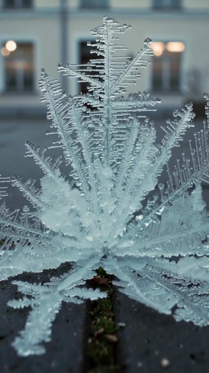 Video verticale: Avvicinandosi, la telecamera mostra brina radiale su una giuntura di pietra su una facciata pallida.