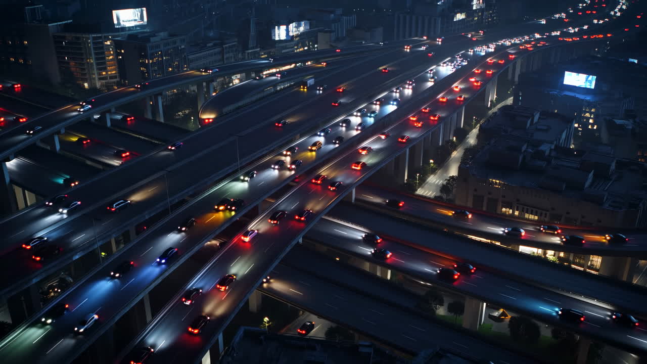 Night Aerial Highway Interchange Heavy Traffic, City Overpasses Lit By Taillights And Headlights, Slowmoving