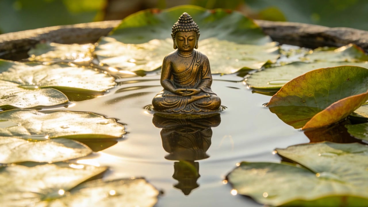 Mostrando un Buddha meditante di bronzo che crea increspature alla base in una vasca per uccelli, con la luce del sole che luccica sull'acqua.