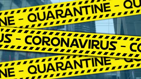 Yellow-police-tapes-with-Quarantine-and-Coronavirus-text-against-cityscape