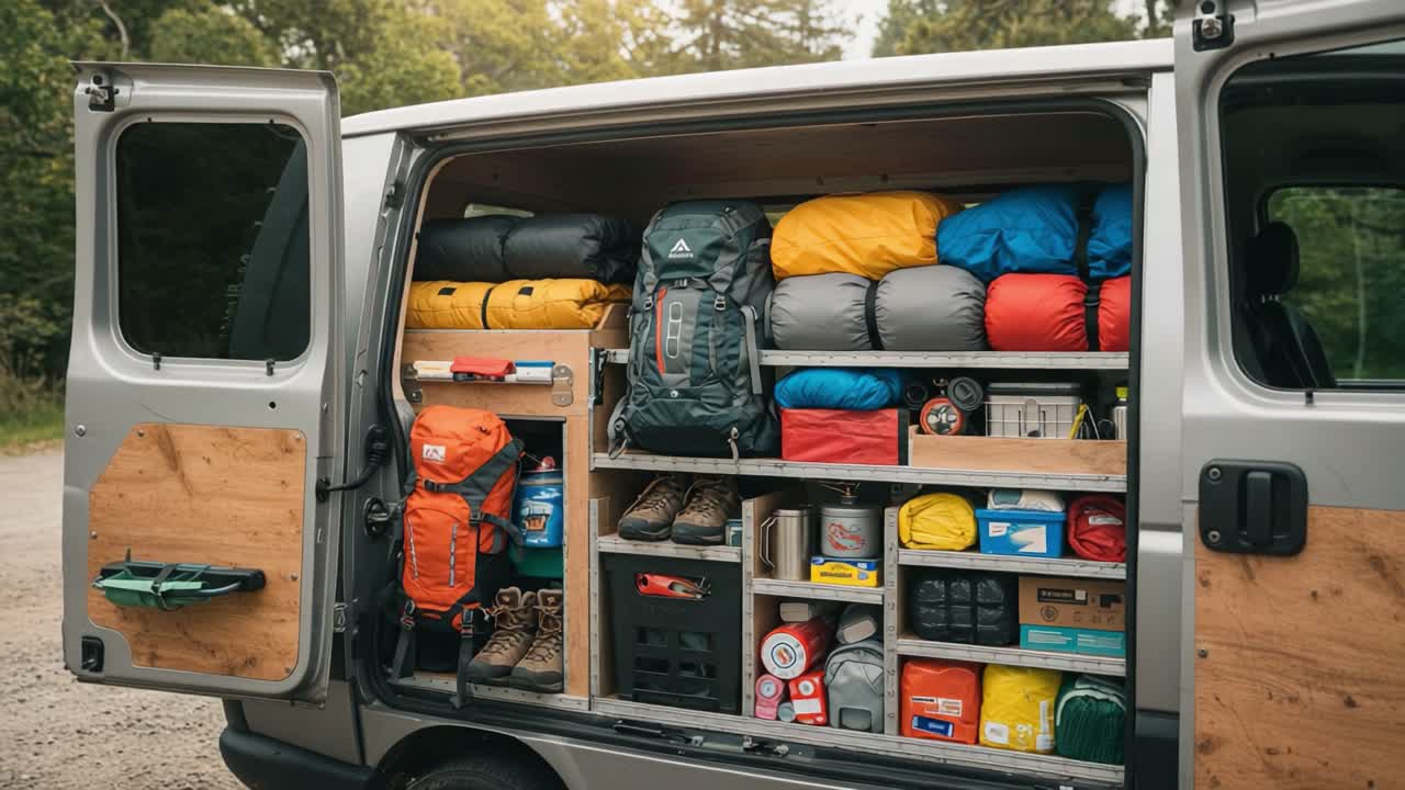 Organized Adventure: A Neatly Packed Van Set Up for Outdoor Expeditions Featuring Colorful Gear and Essential Supplies for Hiking and Camping Trips